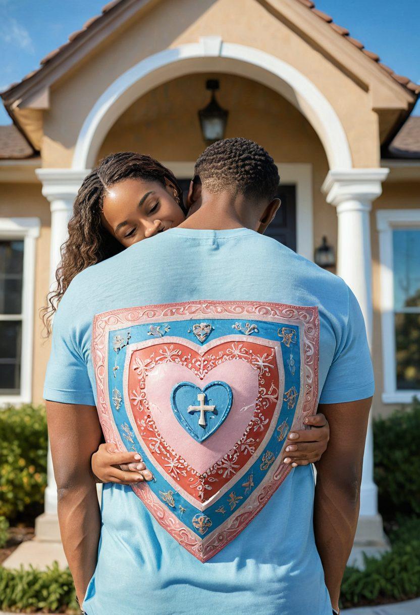 A heart-shaped shield symbolizing love protection surrounded by various insurance symbols like a house, car, and medical cross. In the background, a loving couple stands hand-in-hand, observing the shield. Soft pastel colors radiate warmth and safety, with a clear blue sky to evoke an uplifting feeling. The scene conveys security, affordability, and assurance in love. vibrant colors. soft-focus. digital illustration.