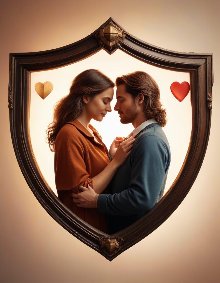 A warm, nurturing scene depicting a couple sharing a moment of affection, surrounded by symbols of security like a shield and heart intertwined, while a subtle outline of background checks (magnifying glass, checklist) floats in the background. Soft lighting creates a comforting atmosphere, emphasizing the protective essence of love through comprehensive insurance. super-realistic. vibrant colors. soft focus.