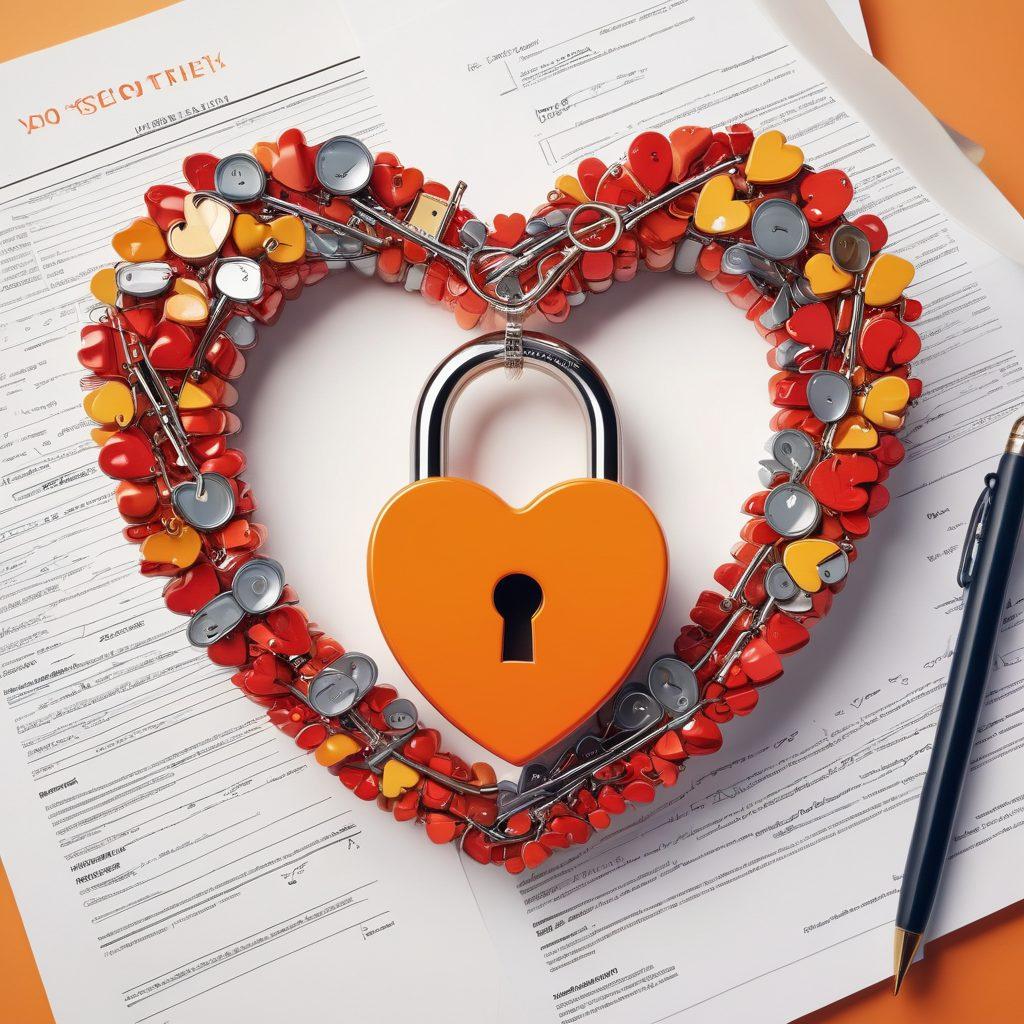 A heart-shaped lock symbolizing security, surrounded by various symbols of background checks like magnifying glasses and checkmarks, with insurance documents artistically folded in the background. Soft, warm colors to evoke a sense of safety and trust. Include diverse people engaging positively in the foreground, representing love and protection. super-realistic. vibrant colors.